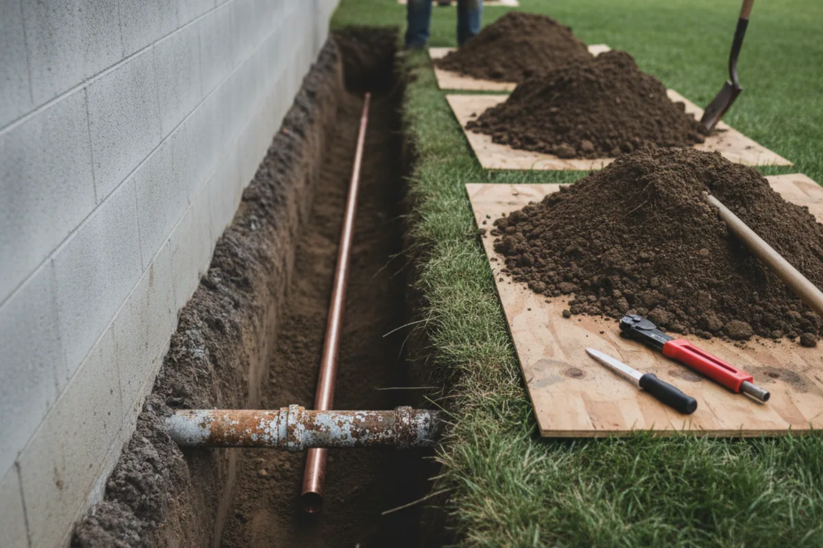 Excavated water line trench during Water Softener Installation in Belknap